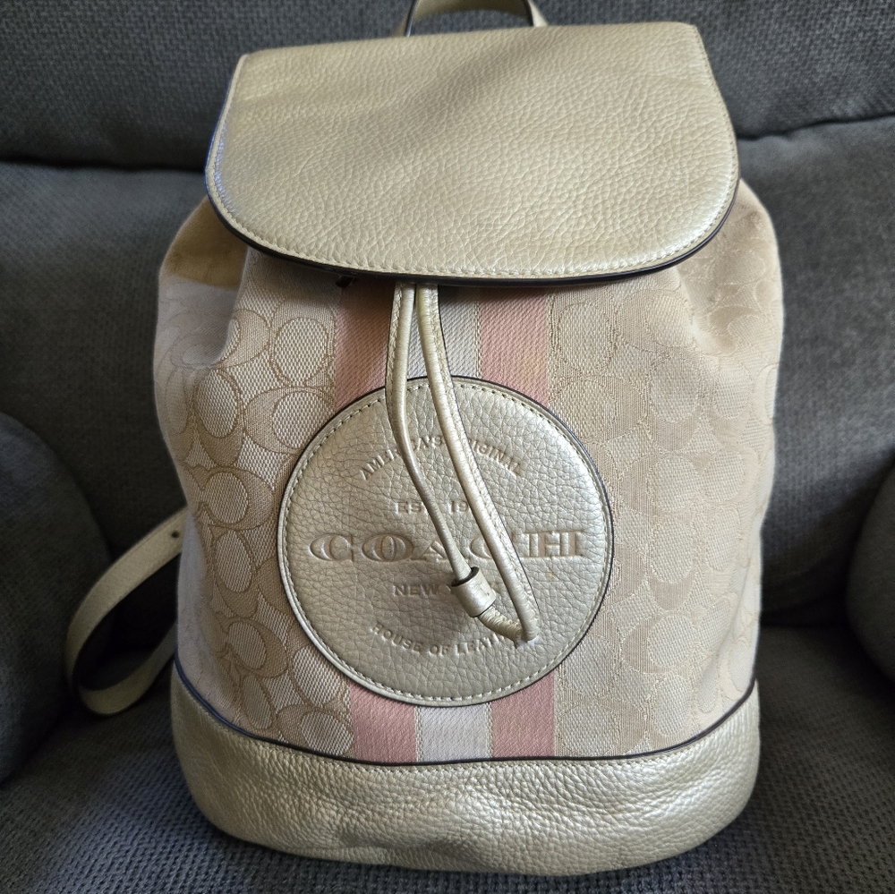 Coach CF386 Dempsey Drawstring Backpack Jacquard Metallic Soft Gold